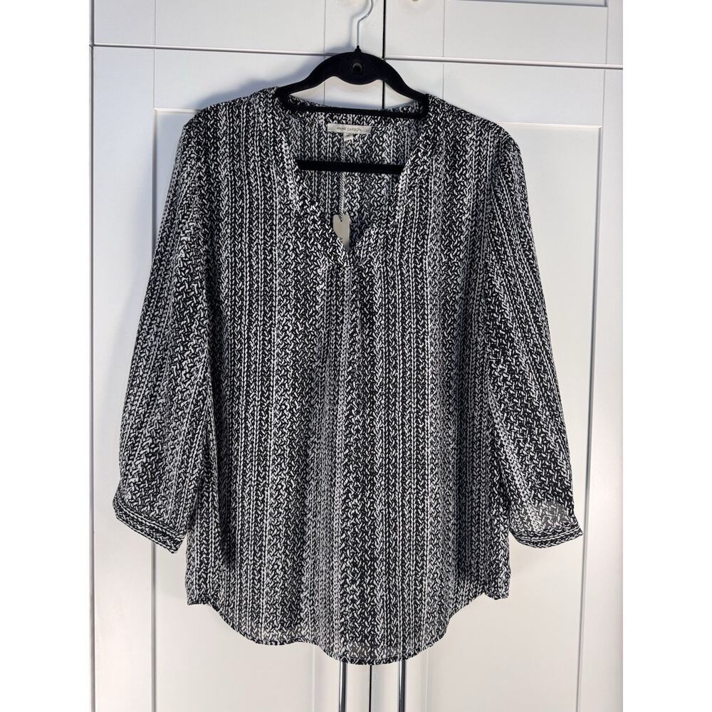 NWT Anne Carson Blouse XL Black White Abstract Print Lightweight Work Office Top